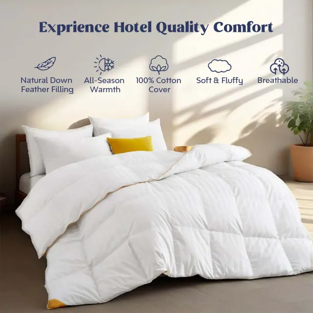 Puredown All Season White Down Comforter with Sewn-through Box Construction, Stripe, King