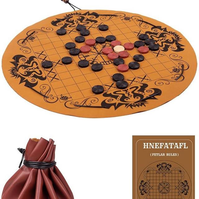 Hnefatafl- Viking Chess Set,Traditional Two-Player Board Strategy Game,Leather Play Mat,Wooden Chess Pieces,Drawstring Design,Easy for Store & Travel,Great Gift for Vintage Game Lovers