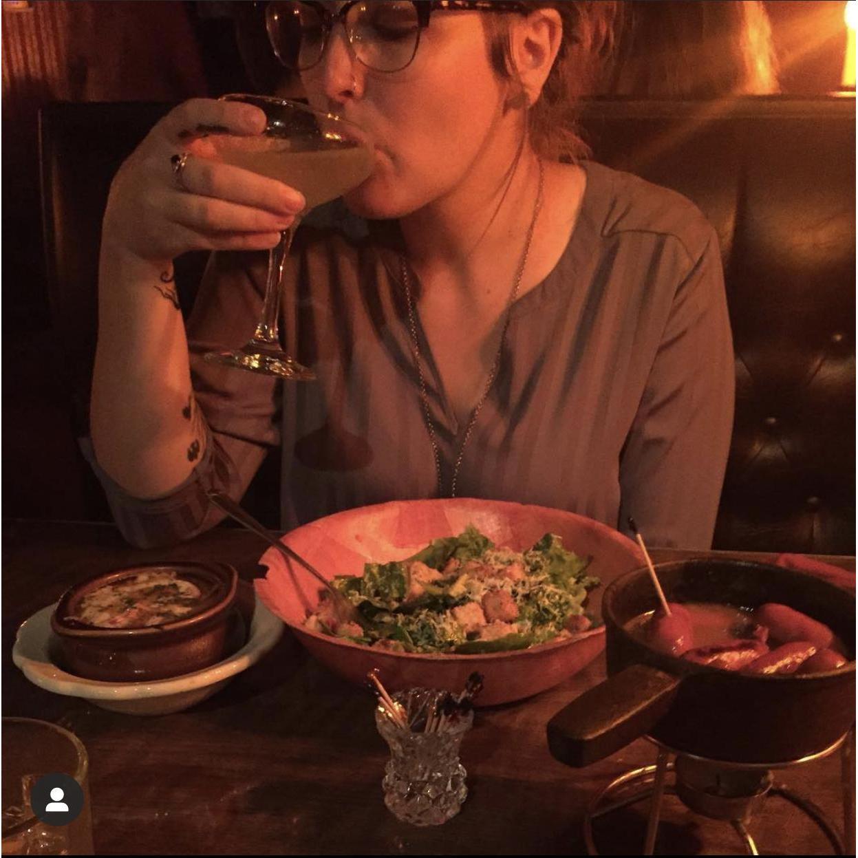Celebrating our second year with drinks and Caesar salads at our first date spot, R&Js.