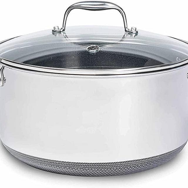 HexClad 8 Quart Hybrid Stainless Steel Pot Saucepan with Glass Lid, Stay Cool Handles, Non-Stick PFOA-Free