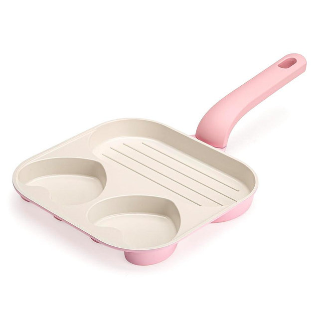 Paris Hilton Ceramic Nonstick Divided Skillet with Heart-Shaped Sections and Grill Plate, Cast Aluminum, Dishwasher Safe, 8-Inch, Pink