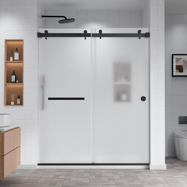 chunnwin Frosted Shower Door Frameless Double Sliding 56-60" W x 76" H Width Adjustable 3/8"(10mm) Tempered Glass, One Horizontal & One Round Handle Stainless Steel Matte Black