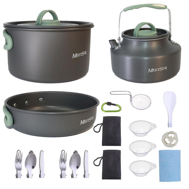 MEETSUN Camping Pot and Pan Set,Camping Cooking Set for 2 People, Lightweight Camping Cookware Set with Stainless Steel Tableware for Camping, Backpacking, Hiking Outdoor Cooking