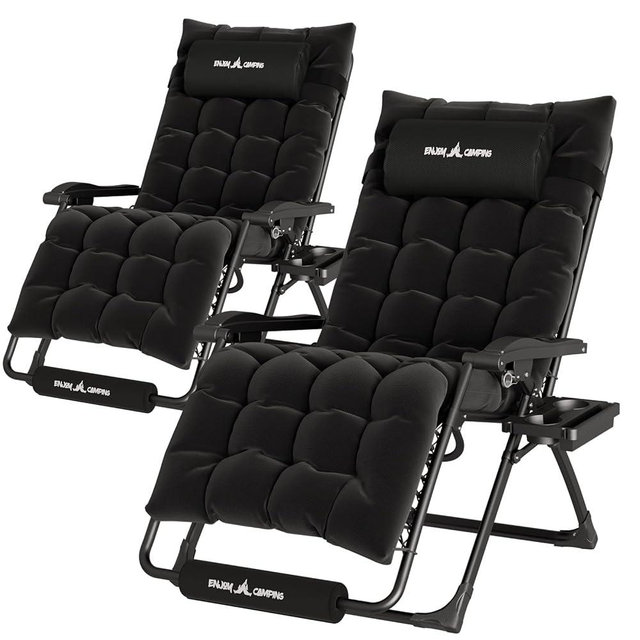 UDPATIO Oversized Zero Gravity Chair Set of 2, 29In XL Patio Reclining Chair with Cushion, Outdoor Folding Recliner with Pillows|Cup Holder|Foot Rest|Padded Headrest, Black, Support 500LB