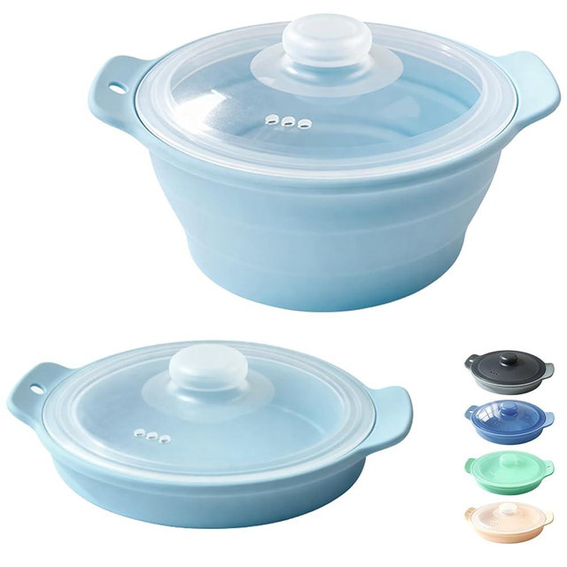 42oz Silicone Microwave Steamer For Cooking, Collapsible Food Steamer For Vegetable, Seafood, Soup, Leftovers, Rice Cooker, BPA Free Small Steam Pot with Handle & Lid, Dishwasher Safe (Blue), 1 Pack