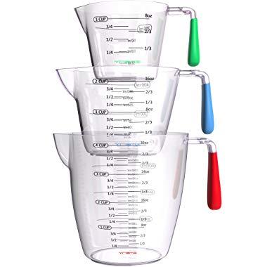 Vremi 3 Piece Plastic Measuring Cups Set - BPA Free Liquid Nesting Stackable Measuring Cups with Spout and Decorative Red Blue and Green Handles - includes 1, 2 and 4 Cup with Ml and Oz Measurement