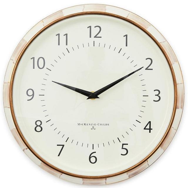 MACKENZIE-CHILDS Wall Clock, Decorative Enamel Clock for Kitchen and Living Room, Brown-and-White Mocha Check