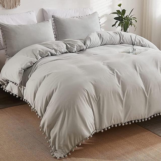 Andency Pom Pom Fringe Duvet Cover Queen Size (90x90 Inch), 3 Pieces (1 Solid Light Gray Duvet Cover, 2 Pillowcases) Soft Washed Microfiber Duvet Cover Set with Zipper Closure, Corner Ties