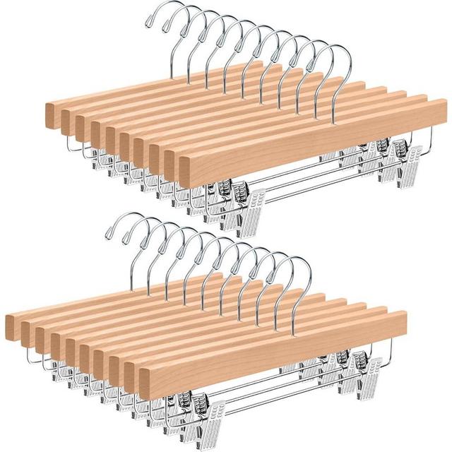 BAGAIL Wooden Pants Hangers with Adjustable Clips, 360°Swivel Hook Space Saving Skirt Holders with Anti-Rust Clips for Trousers, Jeans, Shorts (20Pack Natural)