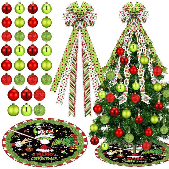 Gejoy 32 Pcs Christmas Tree Decoration Set Include Lime Green Red Christmas Tree Bow Topper Polka Dot Bow Wreath Christmas Tree Skirt 30 Pcs 3 Sizes Hanging Xmas Ball Ornaments for Tree Home Decor