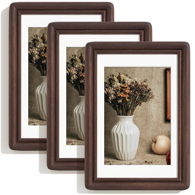 RICHFOCUS 4x6 Picture Frame Set of 3, Natural Solid Walnut Wood Picture Frame with High Tempered Glass, Handcrafted Rounded Corner 4 by 6 Wooden Frame Matted to 3x5 Photo for Wall & Tabletop Display