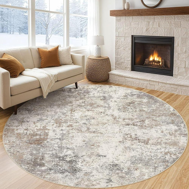 UERMEI 8ft Round Area Rug Living Room Rugs - 8x8 Washable Neutral Modern Abstract Soft Thin Rug Indoor Floor No Slip Rug Carpet for Bedroom Under Dining Table Home Office Decor - Brown Grey