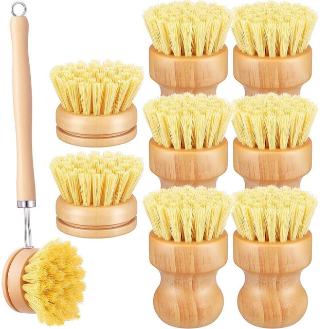 KongTiva 9 PCS Bamboo Dish Brush Set, Multifunctional Dishwashing Bamboo Scrub Brush with Natural Sisal Bristles, Wooden Dish Brush for Cleaning Pots, Pans, Dishes, Vegetables