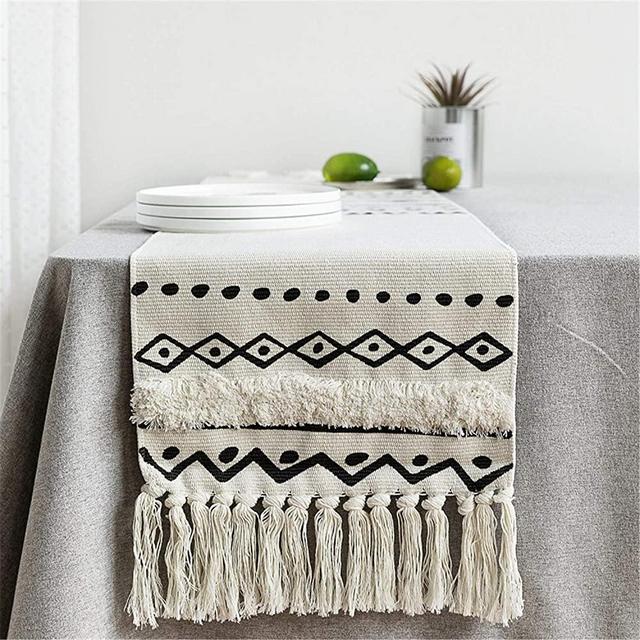 Newisher Black and White Bohemian Cotton Handmade Woven Tufted Geometric Pattern Table Runner Tassels for Living Room Kitchen Party Wedding Decoration 86 Inch