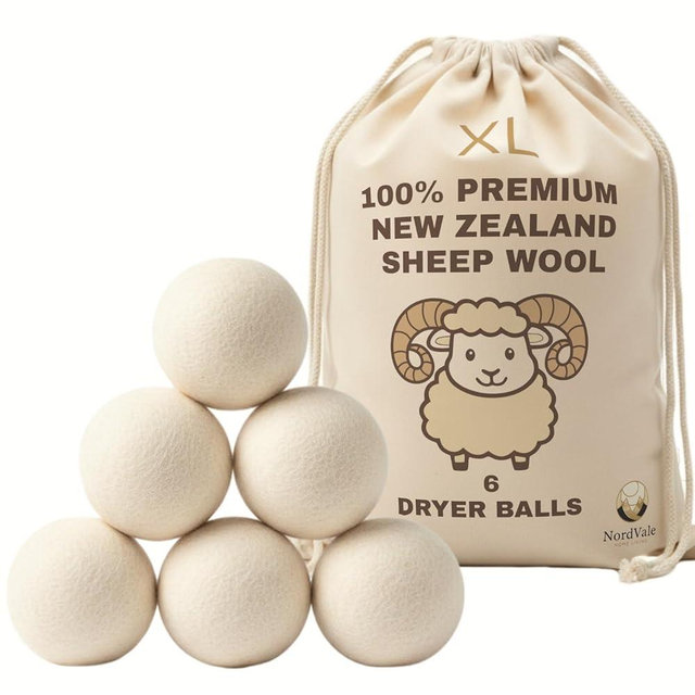 NordVale Wool Dryer Balls, 6 Pack XL Premium 100% New Zealand Wool, Reusable Natural Fabric Softener for 1300+ Loads, Helps Reduce Drying Time, Static Cling and Wrinkles