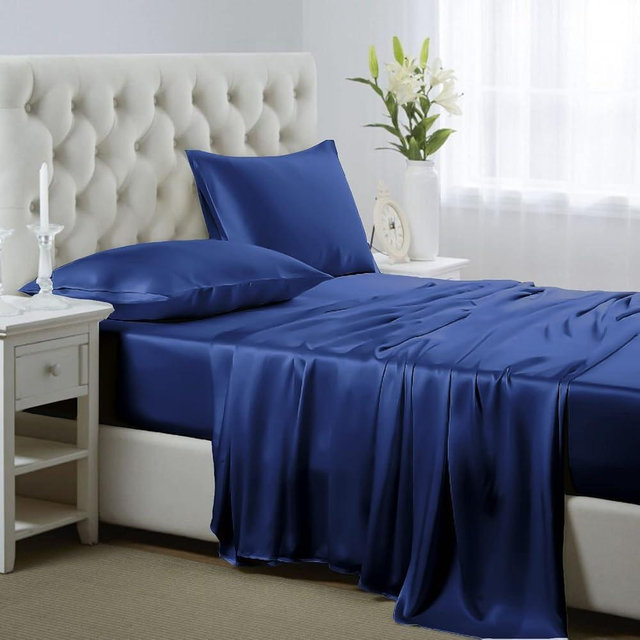 Lanest Housing Silk Satin Sheets, California Kingsize Satin Bed Sheet Set with Deep Pockets, Cooling Soft and Hypoallergenic Satin Sheets Cal King - Navy Blue