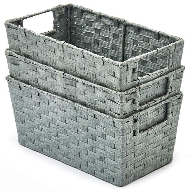 EZOWare 3pcs Weaving Storage Baskets, Multipurpose Organizer Bins Boxes with Handles for Shelf, Bathroom, Pantry, Accessories - Paper Rope Gray
