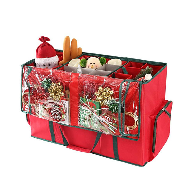 2-in-1 Christmas Ornament Storage Box & Xmas Figurine Container - Easy Access Removable Trays, Keeps 73 Holiday Ornaments - Adjustable Extent Area for Figurines and Pockets for Decoration