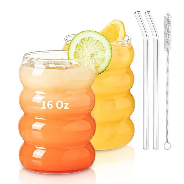 KEMORELA 2PCS Wave Bubble Beverage Glasses With Straws, 16 Oz Vintage Glass Cups, Aesthetic Iced Coffee Glasses, Ripple Glassware, Beer Glasses - Stylish Drinkware for Every Occasion