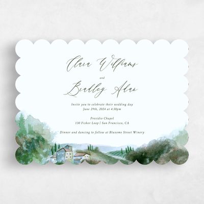 Green Scalloped Wedding Invitation - Hillpine Landscape
