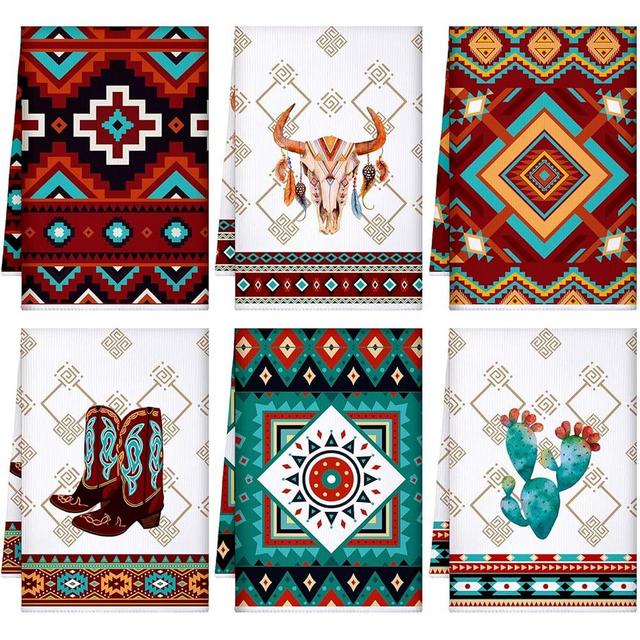 Set of 6 Southwestern Kitchen Towels Boho Aztec Theme Dish Towel Native American Hand Towels 24 x 16 Inches Tea Towels for Absorbent Kitchen Decor with Hanging Loop for Room Home Housewarming Gift
