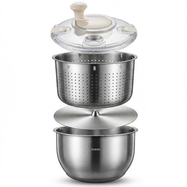 Stainless Steel Salad Spinner & Fruit Washer, 6L Quick-Spin Vegetable Spinner with Drain Lid, Pasta Dryer & 3-Bowl Set, Commercial-Grade Salad Spinner for Kitchen, Easy Clean & Dishwasher Safe