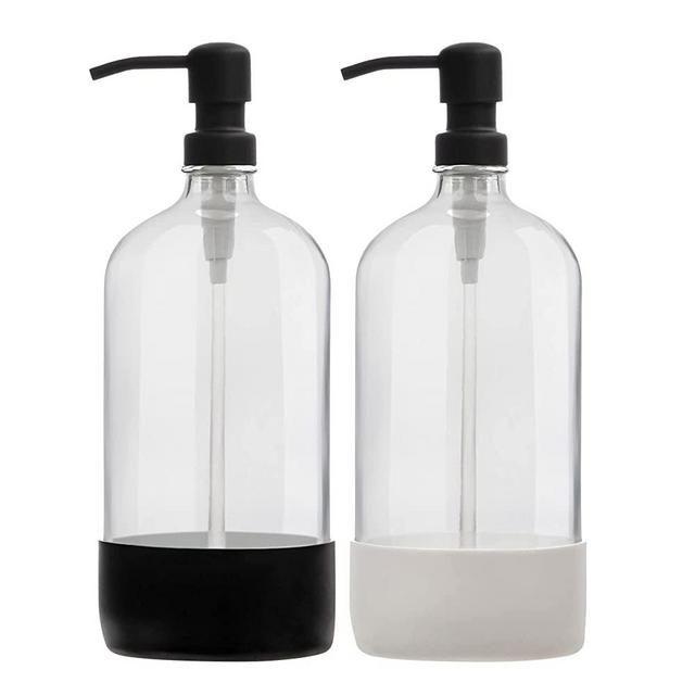 32 oz Glass Pump Bottle Rustproof Stainless Steel Pump, Funnel, and Lids. Modern Farmhouse Vintage Jar, Large Glass Shampoo Bottles with Pump and Laundry Soap Dispenser - Black