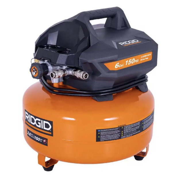 RIDGID 6 Gal. 150 PSI Portable Electric Oil-Free Jobsite Pancake Air Compressor with Dual Pressure Gauges and 2-Quick Couplers 02106416