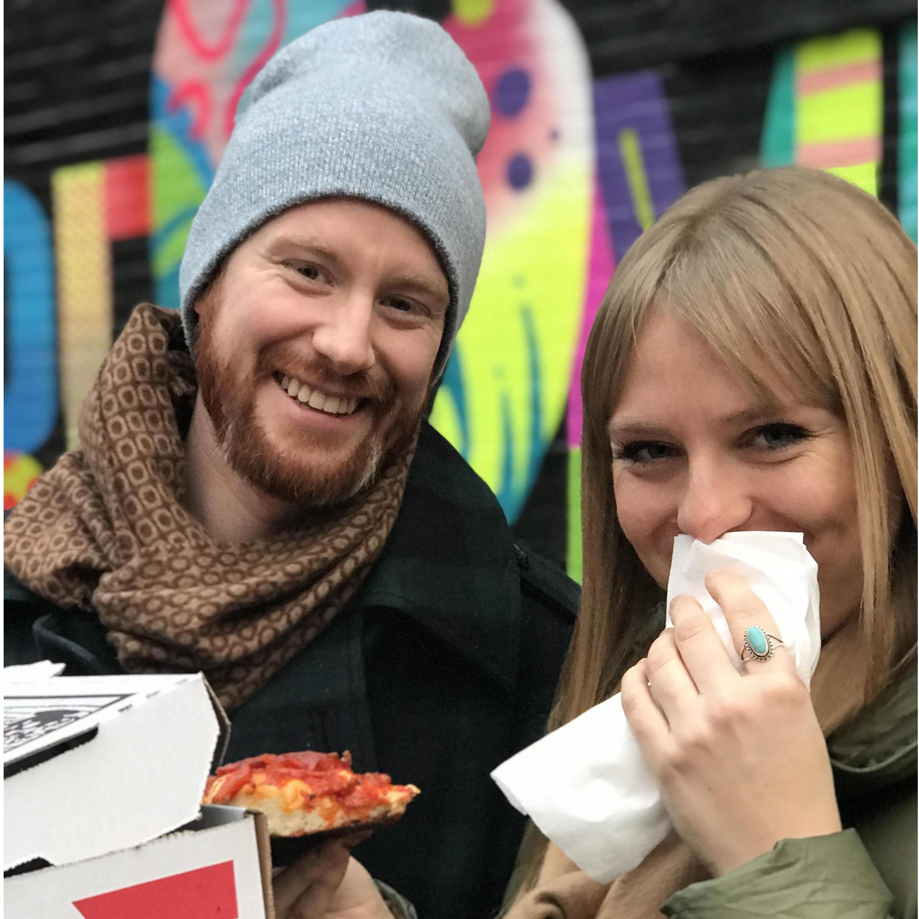 Caught eating pizza in NYC with our friend John Mueller