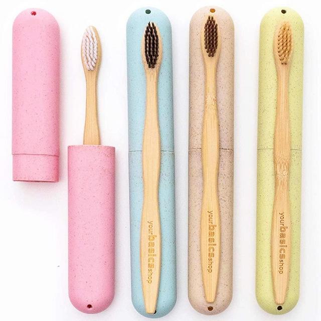 Bamboo Toothbrush and travel toothbrush case (4 with cases) - wheat straw travel toothbrush covers - soft bristle toothbrush - natural toothbrush handle - wood toothbrush - travel toothbrush with case