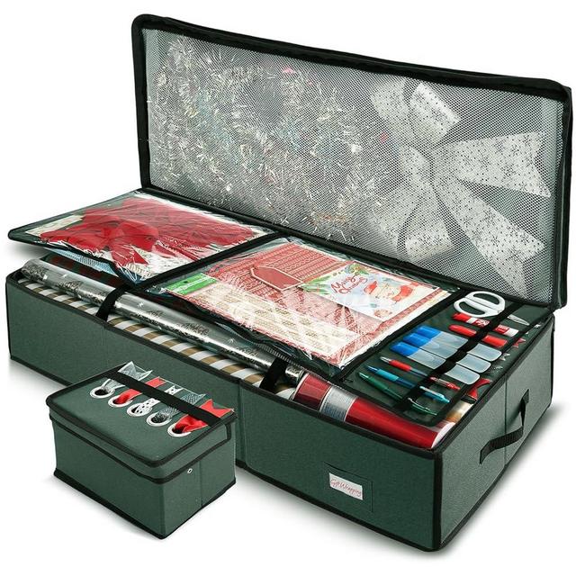 Hearth & Harbor Wrapping Paper Storage Container with Ribbon Storage Organizer - Christmas Storage Bag with Extra Interior Pockets - Gift Wrapping Organizer Storage Fits Up to 26 Rolls of 40" Length