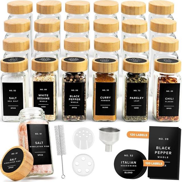 EDELHAUS® Square Spice Jars with Bamboo Wooden Lid (Pack of 24) Spice Jars with Shaker Insert and 240 Labels - Bamboo Lid Glass Container for Spice Organisation [11 cm x 4.3 cm]