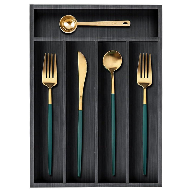Small Kitchen Utensils Drawer Organizers Black Wooden Cutlery Tray Flatware Silverware Organizer Divider Storage Narrow Wood Silverware Utensil Tray Bamboo Cutlery Fork Spoon Holder for Drawer