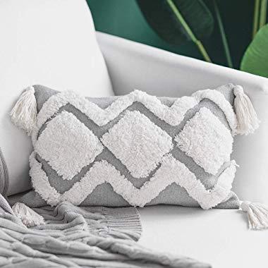 blue page Lumbar Small Decorative Throw Pillow Covers 12X20 Inch for Couch Sofa Bedroom Living Room, Woven Tufted Boho Pillows Cover with Tassels, Cute Grey Farmhouse Pillows Case