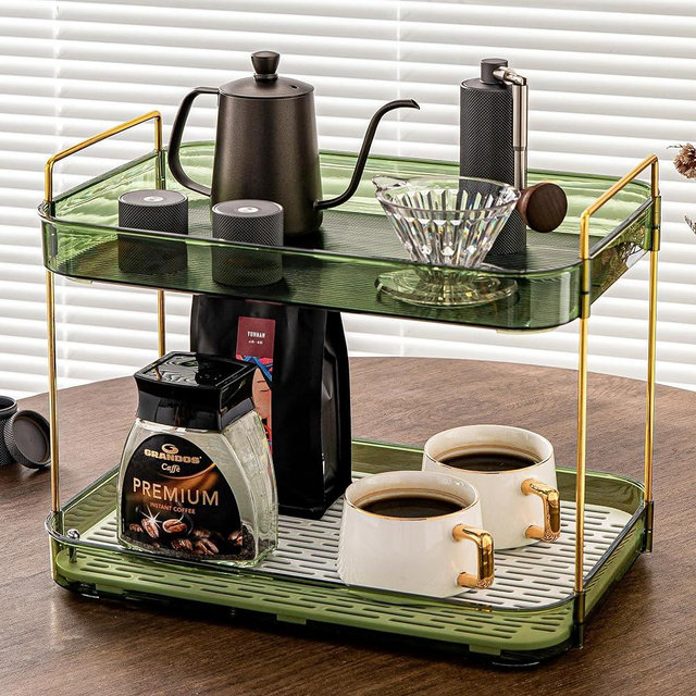 YCIA&DONE Countertop Organizers for Coffee Bar Cabinet, Coffee Bar Accessories Shelf with Drainboard, Coffee Table Tray 2 Tiers, Decor Storage Holder for Coffee Cups, Wine Glasses, Retro Green