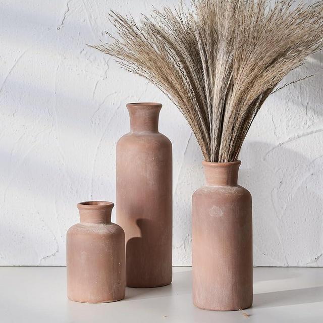 Ceramic Rustic Farmhouse Vase,9.25 inch Terracotta Vase with Handle,Neutral  Tall Clay Vases Decorative Vase for Living Room,Table,Shelf Decor(Brown,L)