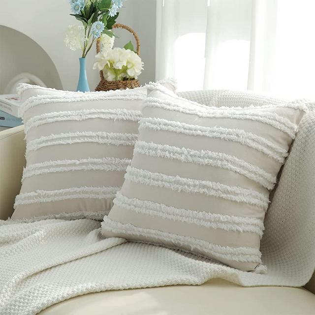 Pallene Boho Decorative Throw Pillow Covers 20x20 Inch, Set of 2 Beige Cotton Linen Couch Pillow Covers, Farmhouse Throw Pillow Cases for Couch, Sofa, Living Room