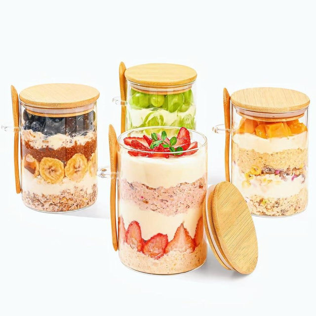 Qiruinel 4 Pack Airtight Glass Jars with Lid, 16oz Overnight Oats Containers with Spoon, Food Storage Containers for Chia Pudding, Yogurt, Salad, Cereal, Coffee, Flour | Kitchen Pantry Spice Jar