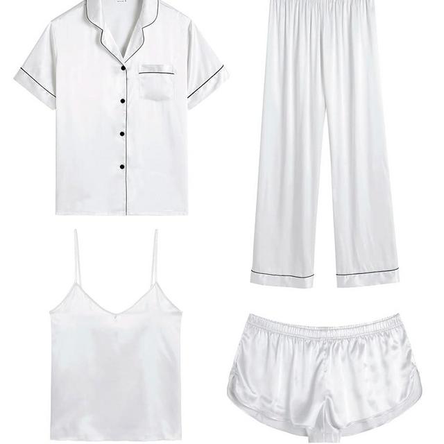 SWOMOG Womens Silk Satin Pajamas Sets 4pcs Sleepwear Sexy Cami Shorts Set and Button Down Short Sleeve Pjs Loungewear