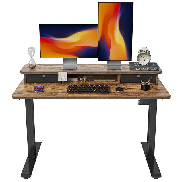 FEZIBO 48'' x 24'' Height Adjustable Electric Standing Desk with Double Drawer, Height Adjustable Computer Desk, Home Office Stand Up Table with 4 Height-Adjustable Feets & 2 Hooks, Rustic Brown