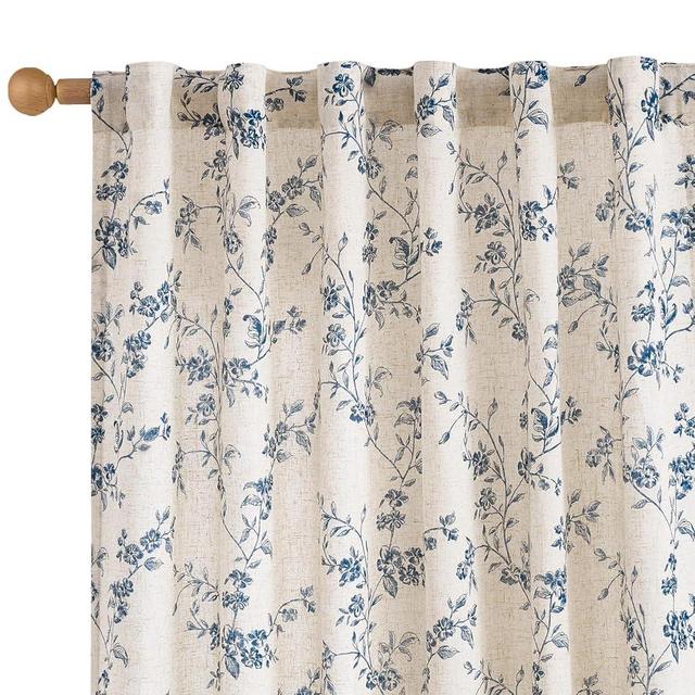 Lazzzy Linen Farmhouse Curtains Blue Floral Curtains 63 Inch Length Back Tab Drapes for Living Room Bedroom Light Filtering Country Vintage Rod Pocket Curtain, 2 Panels, Blue on Beige