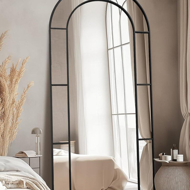 Antok 78" x 38" Full Length Mirror, Floor Mirror Arched Window Decorative Mirror, Metal Framed Decor Farmhouse Floor Mirrors Art Pane Mirrors Wall Decor for Bedroom, Living Room, Entryway Black