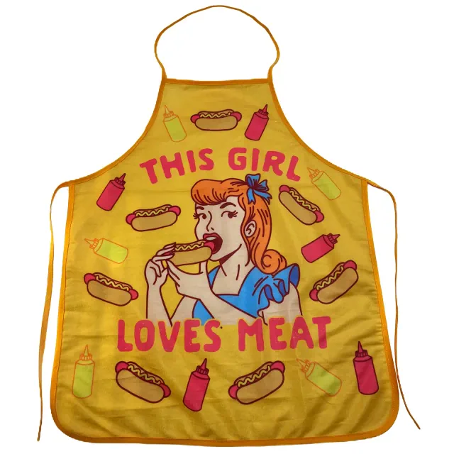 This Girl Loves Meat Apron Funny Hot Dog Backyard Bar-B-Que Grilling Kitchen Smock - Crazy Dog Bakeware For Foodies Navy Apron