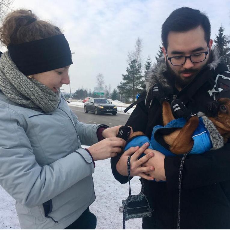 Our first ever picture together with Dobby on the way to Nuuksio near Helsinki. Got to get those booties on this cold pup.