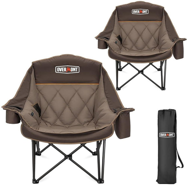 Overmont 2PCS Oversized Camping Chair for Adults - 400lbs Support Heavy Duty Padded Folding Chair with Cooling Bag Cup Holder Side Pocket Carry Bag - Comfortable Portable for Outdoor Garden Sports