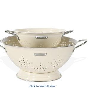 Metal Colander 2 Pack, Strainer Bowel with Handles 2Qt & 6Qt Powder Coated Solid Ring Base Heavey Duty Kitchen Drainer Basket for Pasta Veggies and Fruits,New Home Apartment Essentials (Almond Cream)
