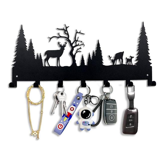 BooWoodNeonMetal Forest Silhouette Metal Hook Rack - Rustic Wall Mounted Hooks for Coats, Keys, and Outdoor Gear - Decorative Deer & Pine Tree Design, Black