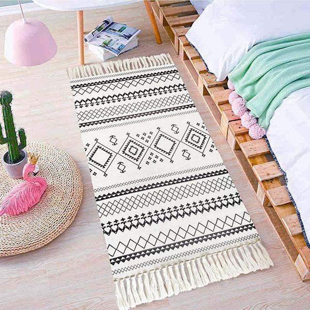 USTIDE Cotton Tassel Rug 2ftx4.3ft Boho Style Natural Cotton Grey & Cream Handmade Rag Rug Throw Rug for Living Room Bedroom Bathroom Laundry Washable Chic Carpet