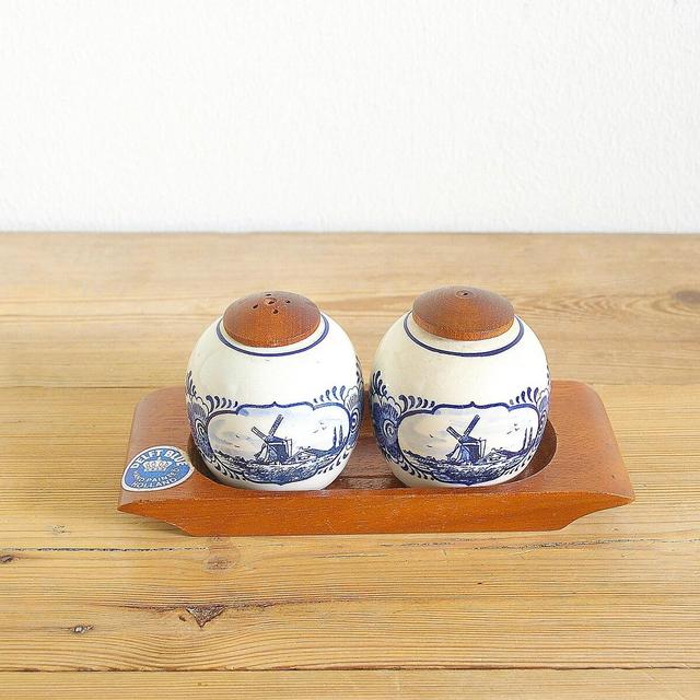 Vintage Delft salt & pepper shakers on tray, Delftware jars small, Made in Holland, collectible set, collectors classic, tableware dining