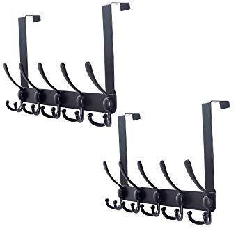 SKOLOO Over The Door Hook 5 Tri Hooks, Stainless Steel Heavy Duty Over Door Hook for Hanging Coats Clothes Towels, Over Door Hanger for Bathroom Bedroom, Black (2 Pack)